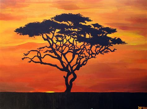 Very Beautiful African Tree Sunset Landscape Painting Africa Trees
