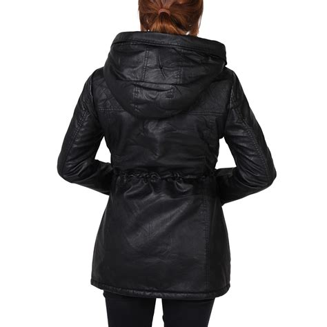 Womens Ladies Warm Faux Fur Lined Leather Hooded Long Winter Parka