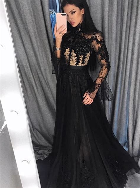 Black Lace Long Sleeve Prom Dresses Tulle High Neck Evening Dress Po26
