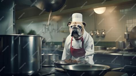 Premium Ai Image Bulldog Chef Preparing Food In Restaurant Kitchen