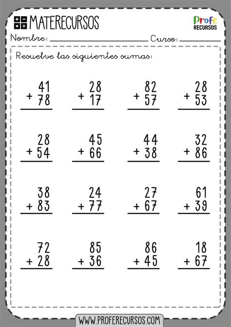 FICHAS de SUMAS de 2 dígitos CON LLEVADAS | Ejercicios Matemáticas