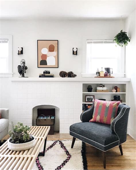 Mid Century Modern Boho Living Space With White Fireplace