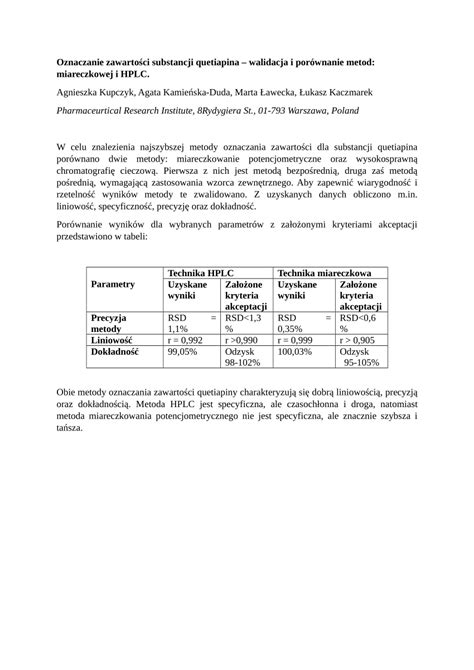 PDF Oznaczanie zawartości substancji quetiapina walidacja i