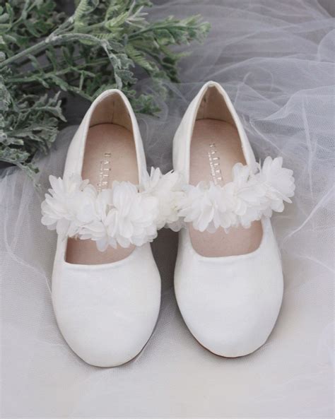 Ivory Satin Maryjane Flats With Chiffon Flowers Perfect For Weddings