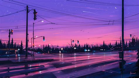 Wallpaper Street Light Illustration Sunset City Cityscape Night