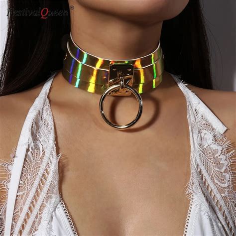Festivalqueen Punk Round Laser Hologram Pu Leather Choker Necklace For