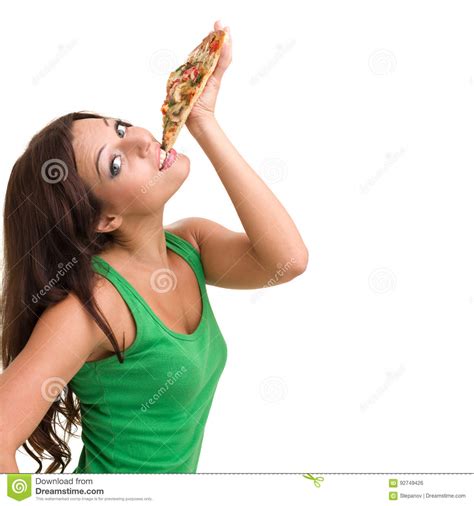 Glimlachende Vrouw Met Grote Die Pizza Op Een Wit Wordt Geïsoleerd Stock Foto Image Of