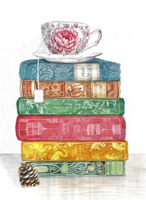 Watercolor Stack Of Vintage Books And Tea Cup Book Art Books Etsy