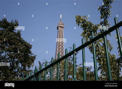 A Low Angle Shot Of The Top Of The Eiffel Tower Through Trees Paris