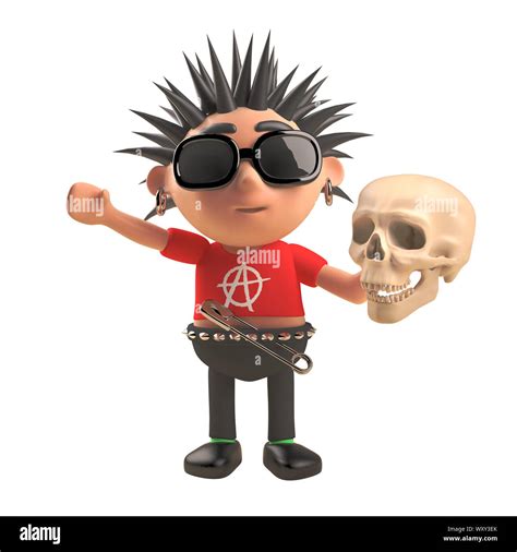 3d Cartoon Punk Rock Character Holding A Human Skull 3d Illustration