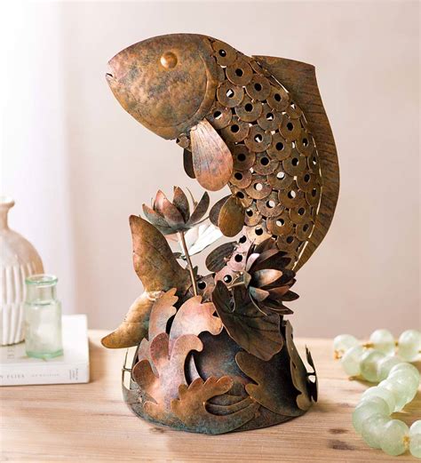 Handcrafted Reclaimed Metal Koi Fish Sculpture Wind And Weather
