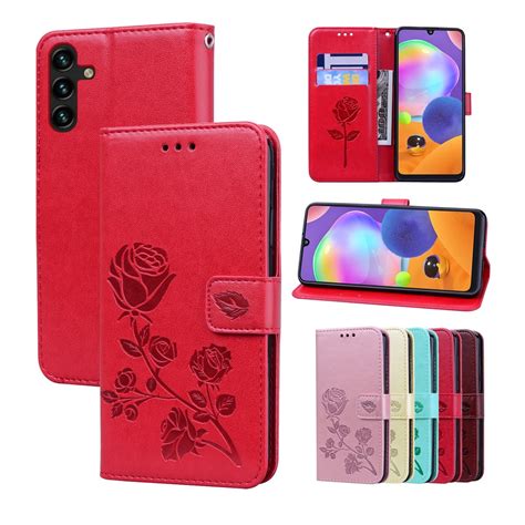 For Samsung Galaxy A13 5g Rose Embossed Leather Phone Case Red
