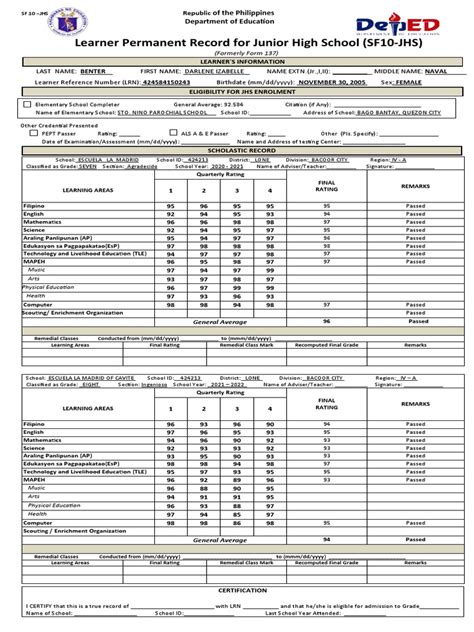 Learner Permanent Record For Junior High School Sf10 Jhs Pdf