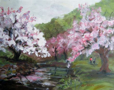 Spring Cherry Blossoms Original Acrylic Landscape Painting