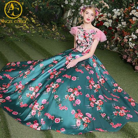 Designer Evening Dress Long Flower Pattern Floral Print Satin Elegant