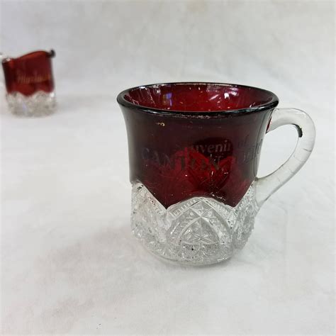 Souvenir Glass Canton Ohio Ruby Red Glass Mug Flash Glass Red Stained Eapg Collectible Glass