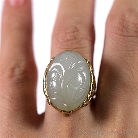 Ming S Hawaii Pale Green Jade Floral Carved Cabochon K Yellow Gold
