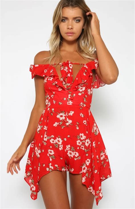 2017 Womens Bodysuit Red Print Flowers Playsuits Summer Ruffles Overalls Playsuit Sexy Beach