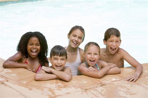 Five Young Friends In Swimming Pool Smiling Stock Photo Image Of