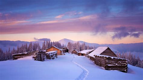 Snow Mountains Sunset Clouds Sky Cabins Coolwallpapersme