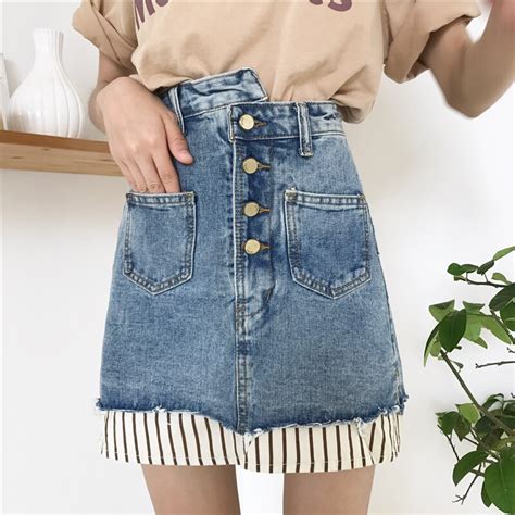 kymakutu chic patchwork doule pocket denim skirts women a line high waist button jeans skirt