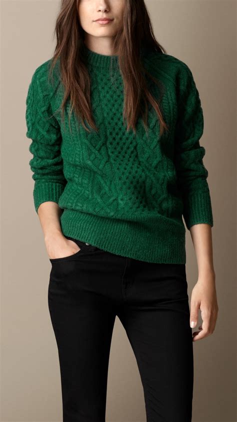 Burberry Wool Blend Cable Knit Sweater In Green Lyst