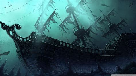 An Old Pirate Ship In The Middle Of A Dark Sea With Sharks Swimming