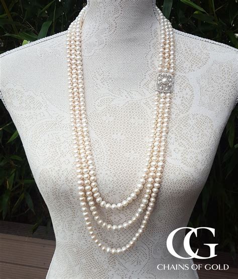 Art Deco Inspired Three Strand Freshwater Pearl Necklace Brooch Bridal Jewelry Vintage