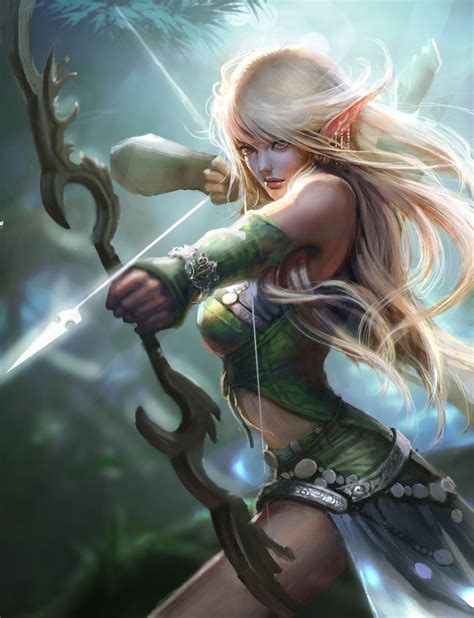 a woman with long blonde hair is holding a bow and arrow in her right hand
