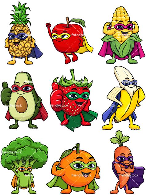 Fruit And Vegetable Superheroes Cartoon Clipart