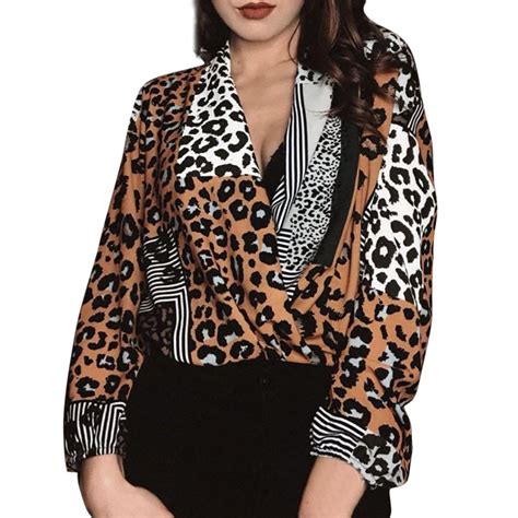 sexy leopard print loose shirt fashion women casual long sleeve v neck blouse streetwear ladies
