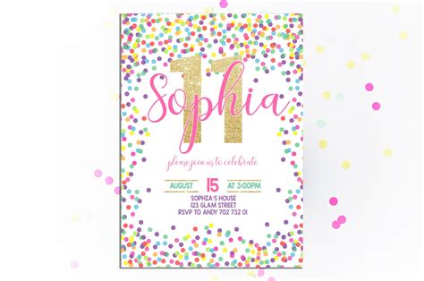 11th Birthday Invitation Girl Birthday Invite Confetti Etsy