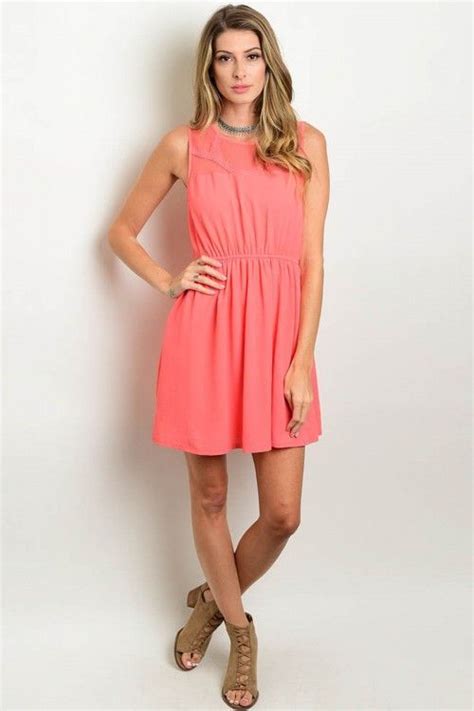 Sleeveless Coral Dress With Knit Mesh Neckline And Elastic Waistband