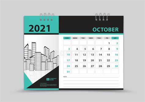 Calendario 2021 Plantilla Diseño Octubre Página Vector Semana Comienza El Domingo Mensual