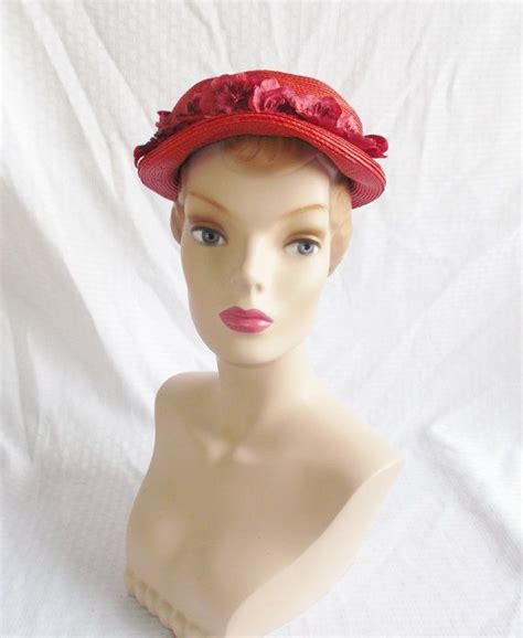 1950s Vintage Red Straw Hat With Red Flowers From James Etsy Hats