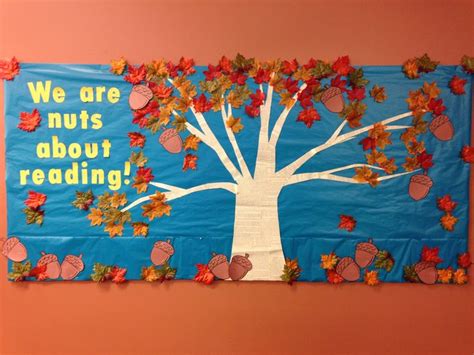 november bulletin we re nuts about reading fall bulletin boards library boards book display