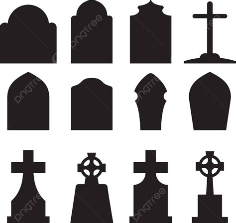 Set Of Headstone And Tombstone Silhouette Death Burial Symbol Vector