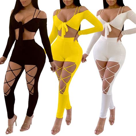 2019 Nightclub Party Sets Women 2018 Summer Outfits Bow Tie Crop Top And Hollow Out Pant Set