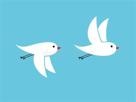 White Birds Flying On Blue Background Waving Their Wings Upwards Stock