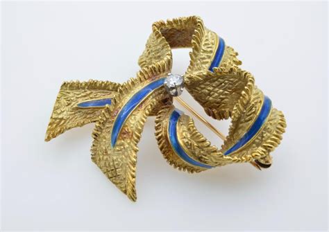Tiffany And Co Ribbon Brooch Diamond Blue Enamel 1960 Gold 18 Karat