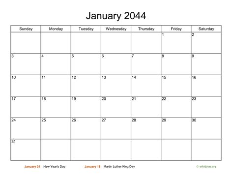 Monthly Basic Calendar For 2044