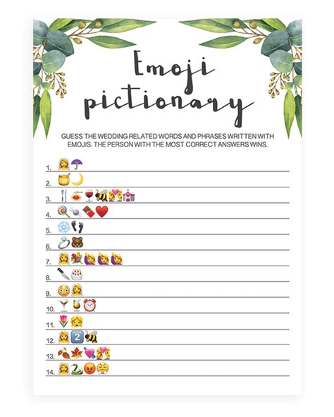 This is a modern and popular game these days and it is also fun to play. Eucalyptus Bridal Shower Emoji Pictionary Printable - RE1