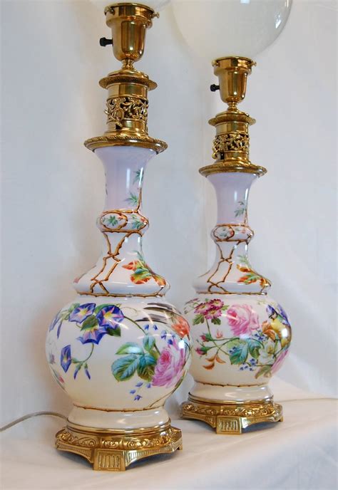 Pair Hand Painted English Porcelain Oil Lamps Decorated W Birds And