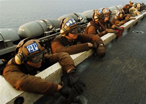 Us Navy Plane Captains Watch Flight Operations From The Flight Deck