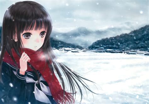 Original Characters Anime Anime Girls Snow Scarf School Uniform Hd