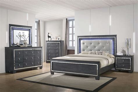 Shades of slate compliment almost any interior motif lest you worry that grey will darken a room's natural lighting, rest assured; Perina LED Bedroom Set | Bedroom Furniture Sets