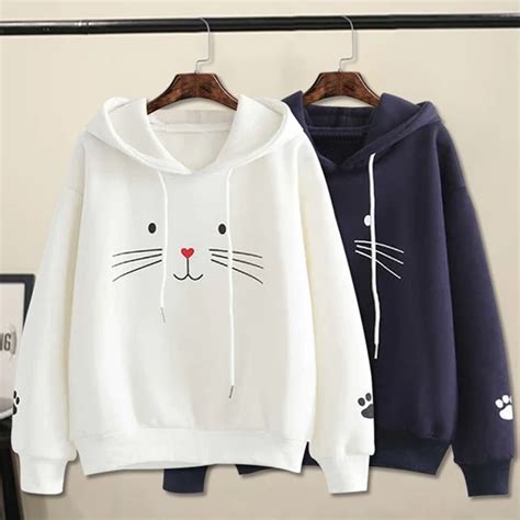 Cute Girls Hoodie Cat Printed Womens Cat Face Blouse Sweatshirt Hooded