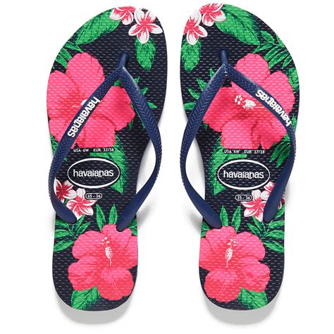 Havaianas Womens Slim Floral Flip Flops Navy Blue Womens Footwear