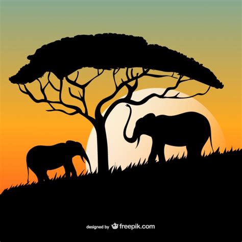 African Sunset With Elephants And Tree Silhouettes Vector