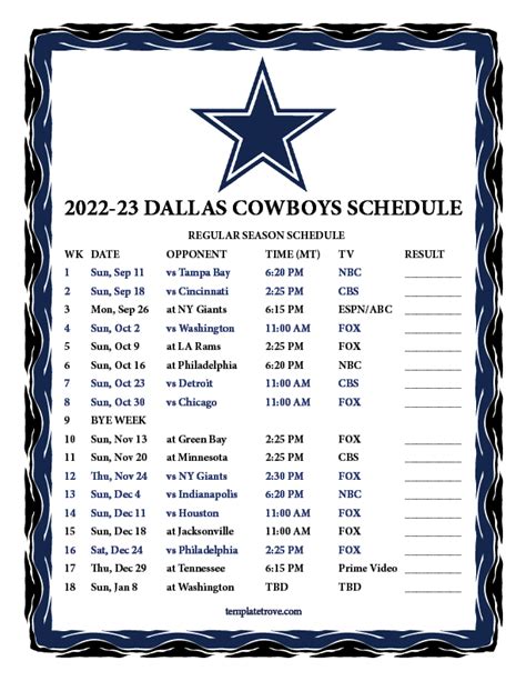 Printable 2022 2023 Dallas Cowboys Schedule